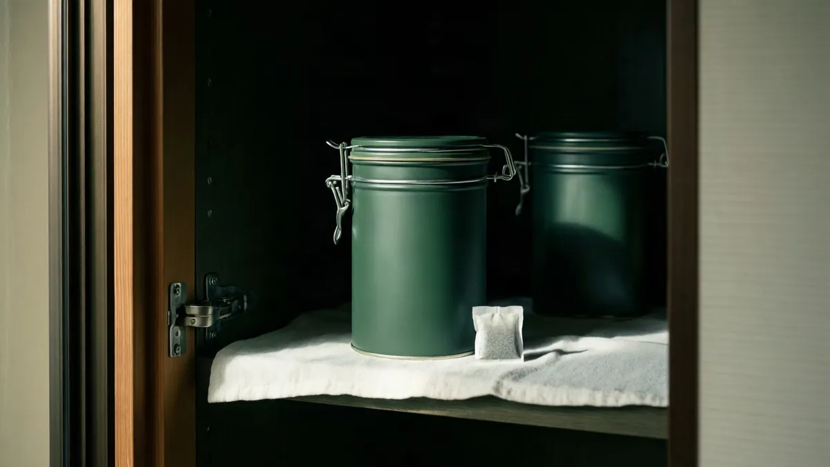 Dos latas herméticas verdes guardadas en un armario a oscuras, protegidas de la luz