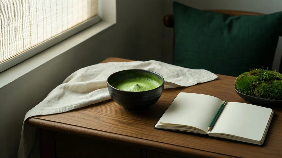 Cuenco de matcha en un escritorio junto a una libreta abierta en blanco y un lápiz
