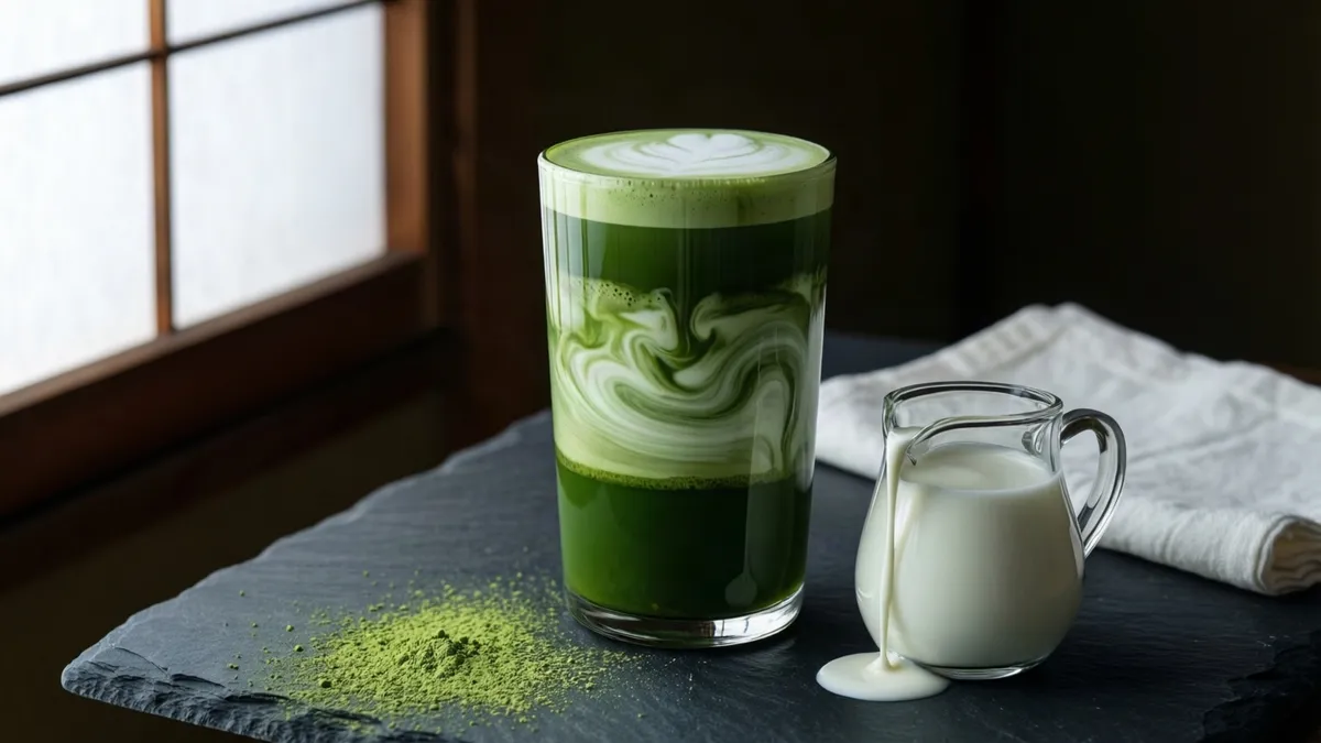 Vaso alto de matcha latte con la leche formando vetas sobre el té verde, y una jarrita
