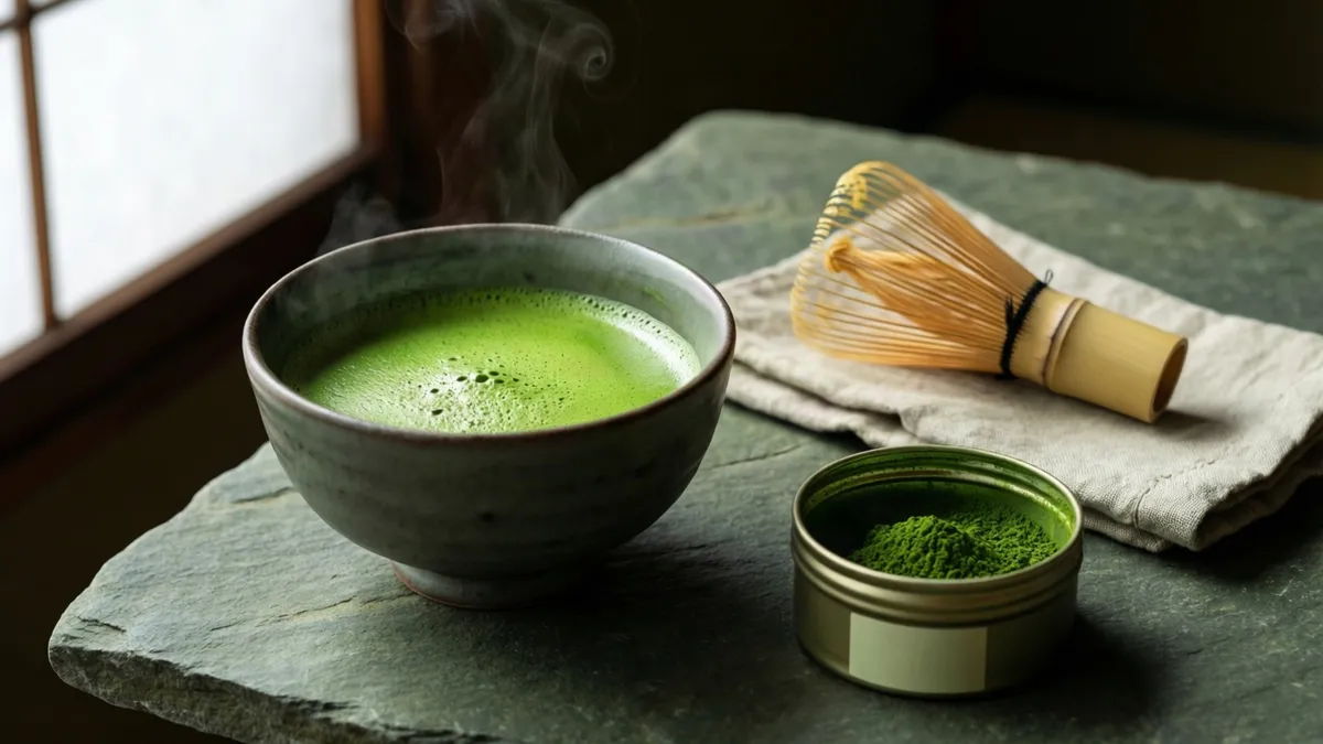 Taza de cerámica con té verde humeante, polvo en lata y batidor de bambú sobre piedra gris y tela beige.