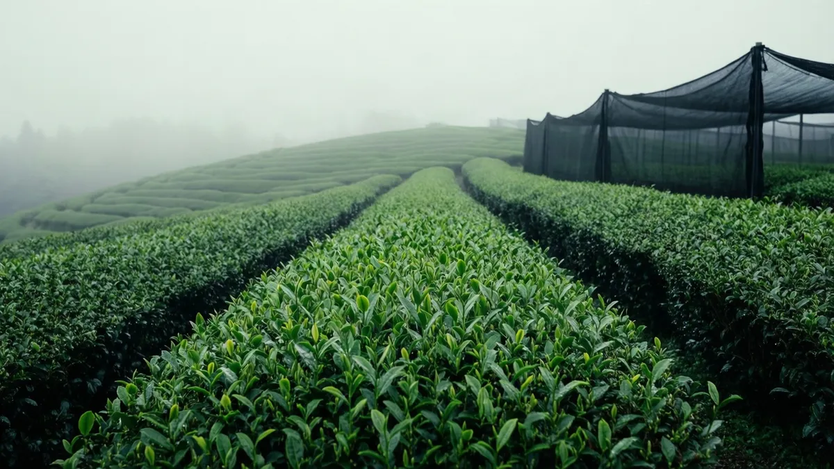 Hileras de arbustos de té recortados en una plantación entre la niebla, con mallas de sombreo