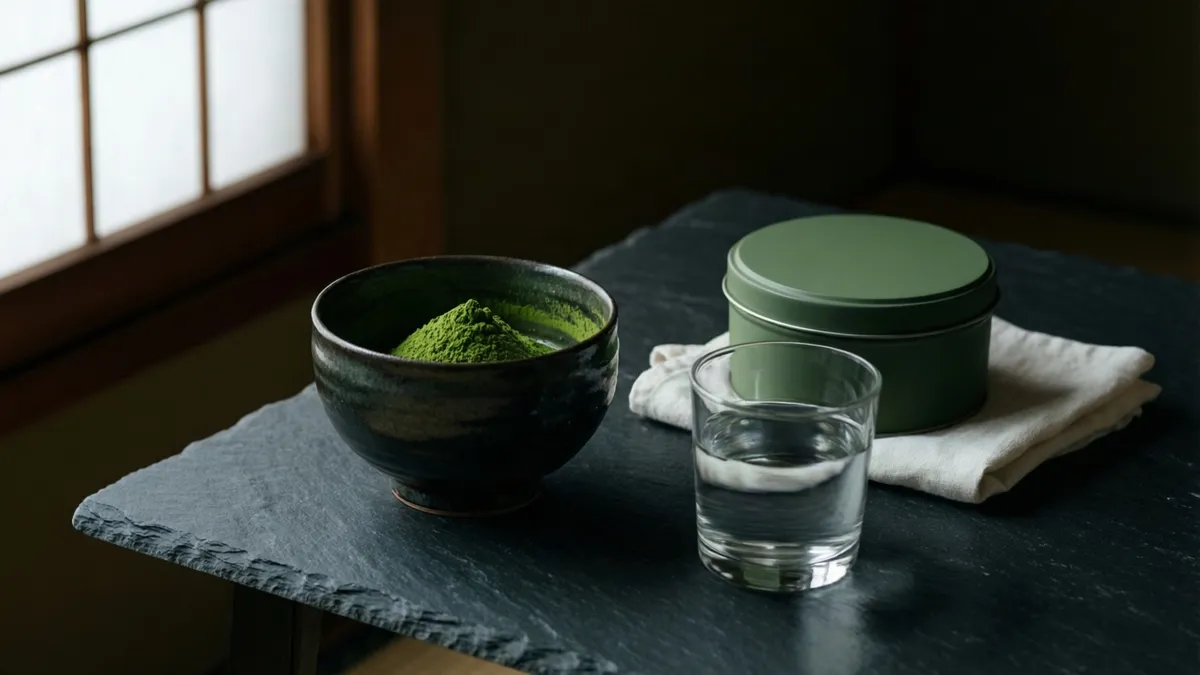 Cuenco con matcha en polvo, una lata cerrada y un vaso de agua sobre una losa de pizarra