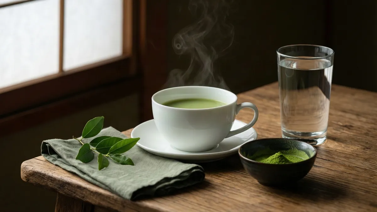 Taza de té verde humeante, un cuenco con poco matcha y un vaso de agua en una mesa de madera