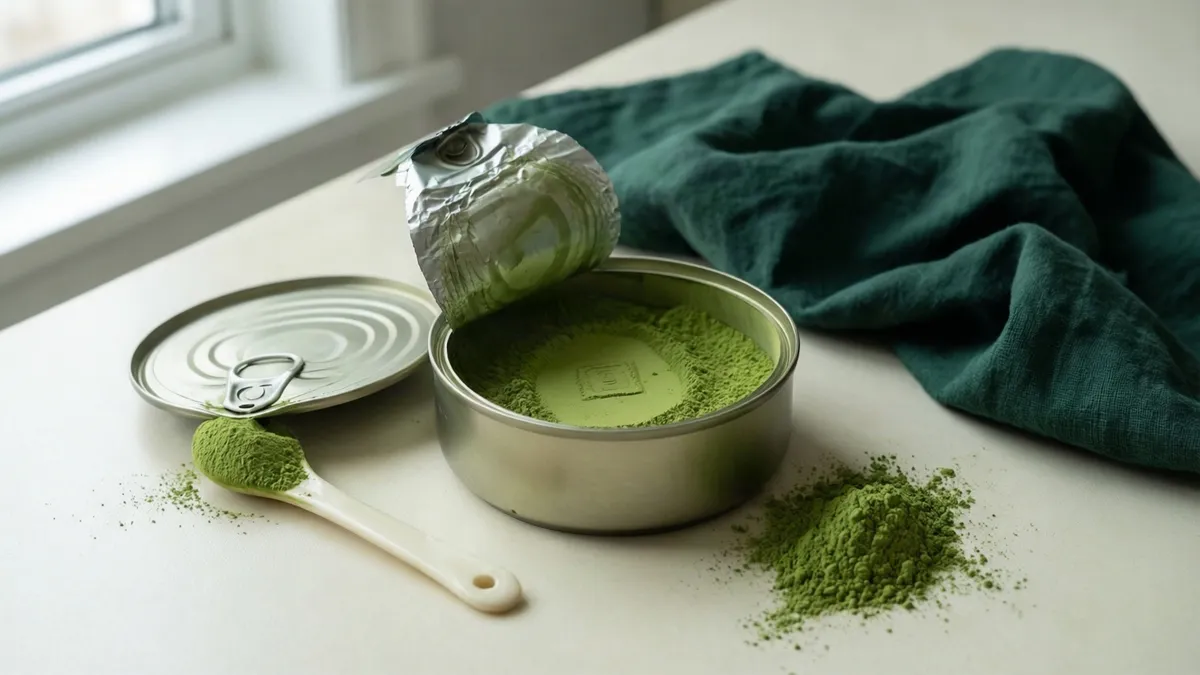 Lata de matcha recién abierta con el precinto de aluminio retirado y una cucharilla