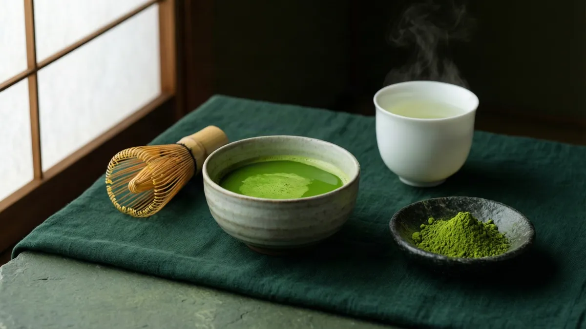 Bowl de té verde espumoso, taza blanca humeante, batidor de bambú y polvo verde sobre tela oscura junto a ventana de madera.
