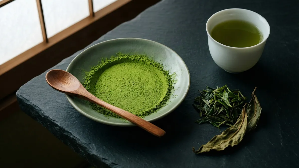 Plato con matcha en polvo y cuchara de madera junto a hojas de té verde y una taza servida